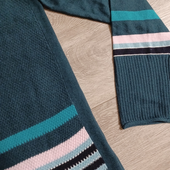 T by Talbots Deep Teal Waffle Knit Stripe Detail Jewel Neck Tunic Sweater - Picture 6 of 12